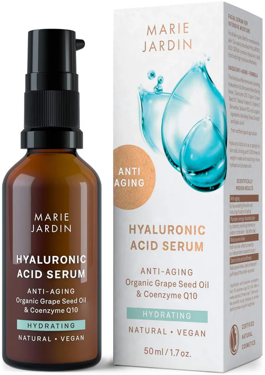 Hyaluronsäure Serum mit Vitamin C und Q10, hochdosiert mit geprüftem 5-fach Anti-Aging-Komplex, Dermaroller geeignet, Basis für Make-up, zertifizierte vegane BIO Naturkosmetik von Marie Jardin 